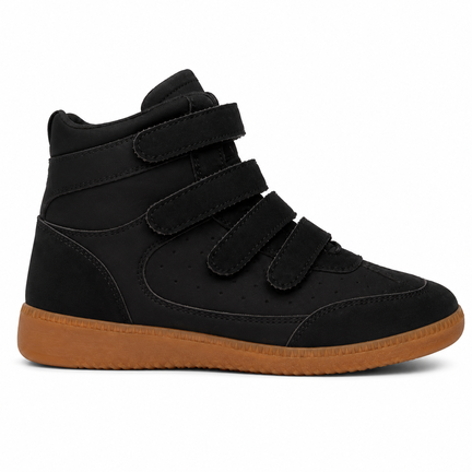 Sorte mid-cut sneakers med fire velcrolukninger og naturgummifarvet ydersål