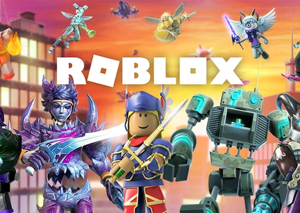 Roblox A4 sukkerprint med sværdhelt, robot og flyvende eventyrfigurer foran orange himmel