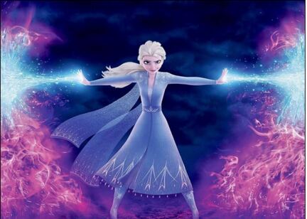 Frozen sukkerprint A4 med Elsa, lilla magi og blå is-effekt på mørk baggrund