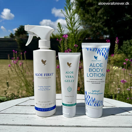Eftersol produkter fra Forever Living: Aloe First, Aloe Vera Gelly og Aloe Body Lotion