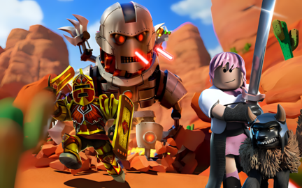Roblox A3 kageprint med metalrobot, gylden ridder, sværdhelt og sort ulv i orange ørkenlandskab
