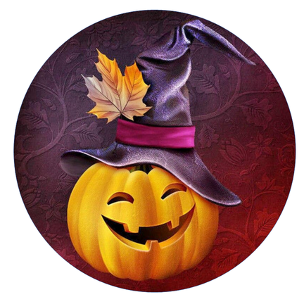 Rundt Halloween sukkerprint med smilende græskarlygte i blød lilla heksehat med efterårsblad på mørkerød baggrund