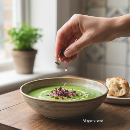Rød amaranth mikrogrønt drysses over en grøn suppe