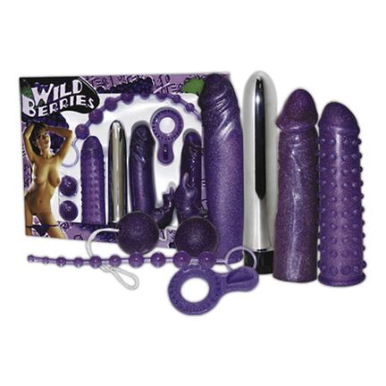 Komplet sexlegetøjssæt med vibrator, glat dildo, knudret dildo, året dildo, lystkugler, analkæde og penisring