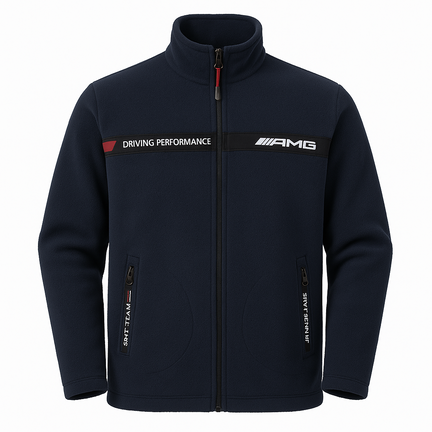 Navyblå fleecejakke med lynlås og sidelommer, unisex pasform.