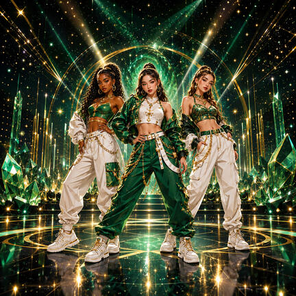 Kvadratisk K-pop sukkerprint med tre dansere i smaragdgrøn, hvid og guld