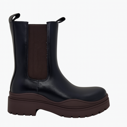 Sort dame Chelsea-boot med brun elastik og chunky brun sål