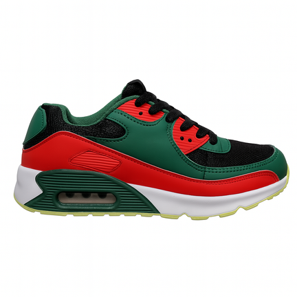 Sneaker i grøn, rød, sort og hvid med luftboble og mesh-overdel
