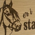 detalje af staldskilt i trae med hest