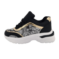 Chunky damesneakers med snake print, sorte kontraster og guld detaljer på kraftig hvid sål.
