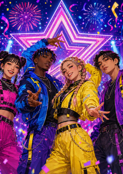 K-pop sukkerprint A4 med farverigt storby-dansehold til fødselsdagskage