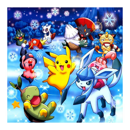 Kvadratisk Pokémon-inspireret kageprint med Pikachu, venner og vinterlandskab