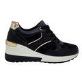 Sort damesneaker med guld-detaljer og hvid plateau-sål,