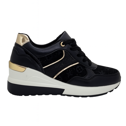 Sort damesneaker med guld-detaljer og hvid plateau-sål,