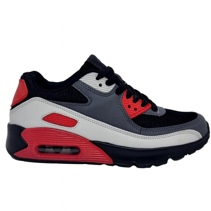 Sporty sneaker i sort, grå, rød og hvid med luftboble og kraftig ydersål