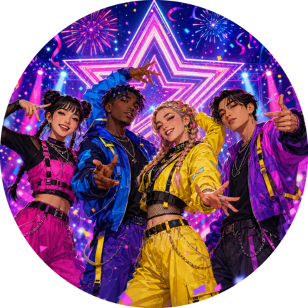 Rundt K-pop sukkerprint med fire farverige dansere, neonstjerne og storbylys