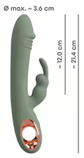 Slim Rabbit Olive vibrator i grøn silikone med rabbit-funktion og ergonomisk håndtag.