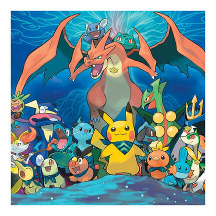 Kvadratisk Pokémon-inspireret kageprint med stor ilddrage og farverig gruppe