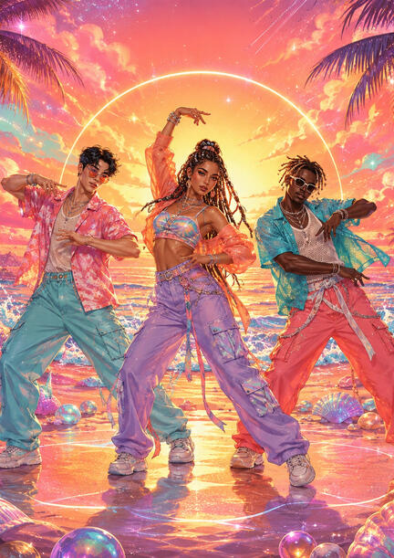 K-pop sukkerprint A4 med sommerligt dansetrio til fødselsdagskage