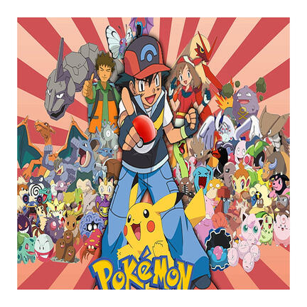 Kvadratisk Pokémon-inspireret kageprint med rød retrobaggrund og stor gruppe