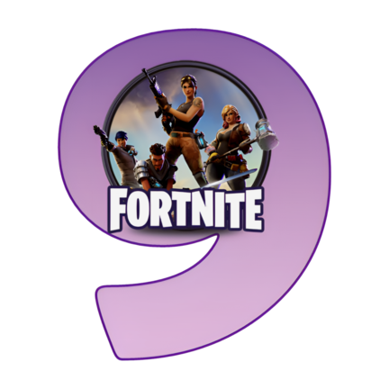 Rundt Fortnite sukkerprint med lilla 9-tal og heltegruppe
