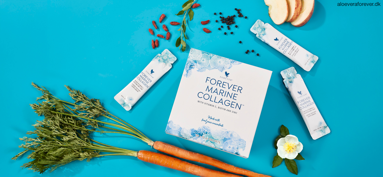 Ingredienser i Forever Marine Collagen på lyseblå baggrund