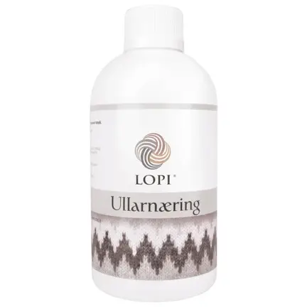 Flaske med Lopi Ullarnæring uldbalsam fra Istex – flydende balsam til pleje og blødhed af islandsk uld.