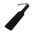 Sort paddle 30 cm i kunstlæder med håndledsstrop, til bondage og sanselege.