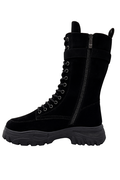 Sort combat-støvle med platform, snørebånd og lille lomme – damesko i ruskind