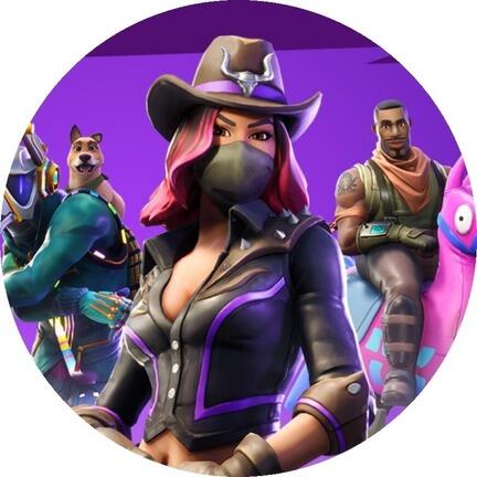 Rundt Fortnite sukkerprint med maskeret cowgirl og heltehold