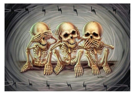 Halloween kageprint A4 med tre skeletter, der dækker øjne, ører og mund