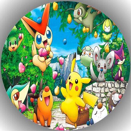 Pokémon-inspireret rundt kageprint med farverigt skov og frugt motiv til børnefødselsdag og temakage