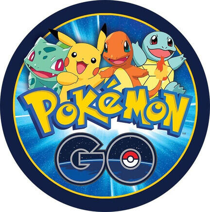 Pokémon GO-inspireret rundt kageprint med eventyr motiv til børnefødselsdag og temakage