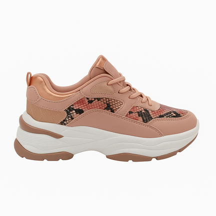 Chunky pink damesneaker med snake print og rosegold detaljer på kraftig hvid sål.