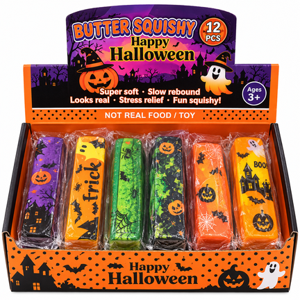 Sjovt Halloween Butter Squishy-sæt med 12 bløde og klembare figurer i flotte Halloween-designs. Perfekt som sanse- og fidgetlegetøj.