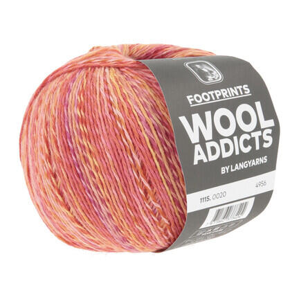 Lang Yarns Wool Addicts Footprints strømpegarn nr. 20 – farveskiftegarn i varme rosa, koral og abrikos nuancer