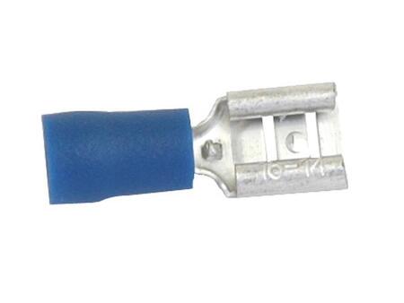 Cable lug 20 pcs. 6.3mm. / female / flat Cable size: 1.5-2.5 A (mm) 5.2 Operating temperature -10°C to +75°C B (mm) 10.5 C (mm) 2.3 Crimp Type: Standard Grip D (mm) 4.7 F (mm) 7.2 Color: Blue Cable size: 1.5 - 2.5 Body: Female L (mm) 20.8 Max. A: 15A Max.
