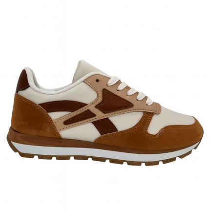 Beige og brun retro sneaker med hvid snørebånd og brun sål