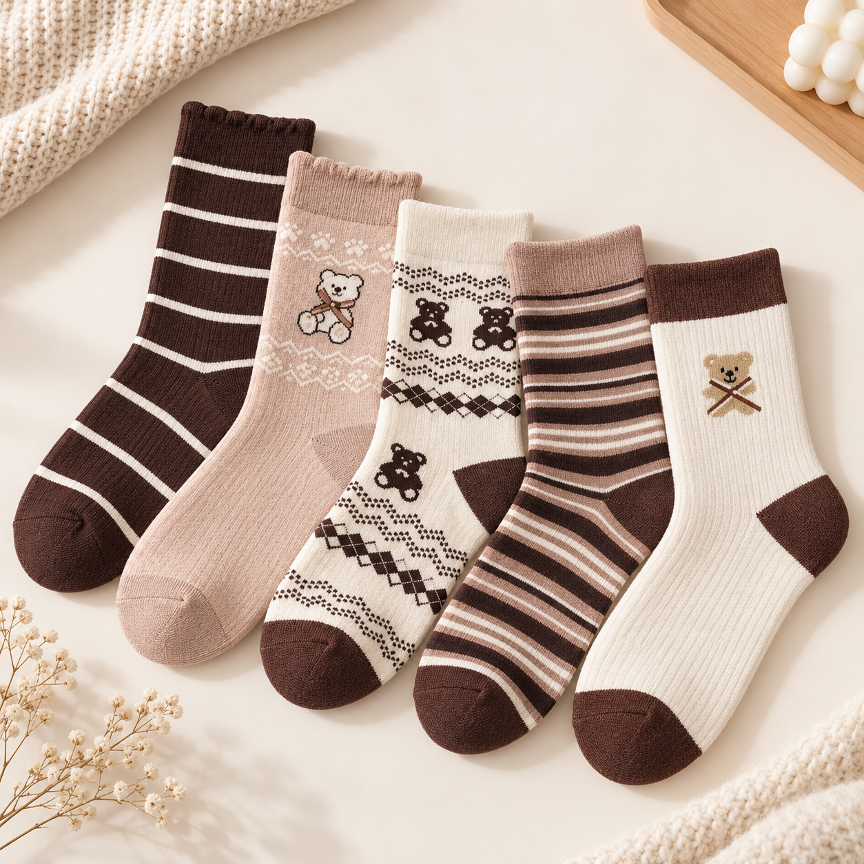 Damestrømper i Cashmere 5 par i beige og brune nuancer - 35-38