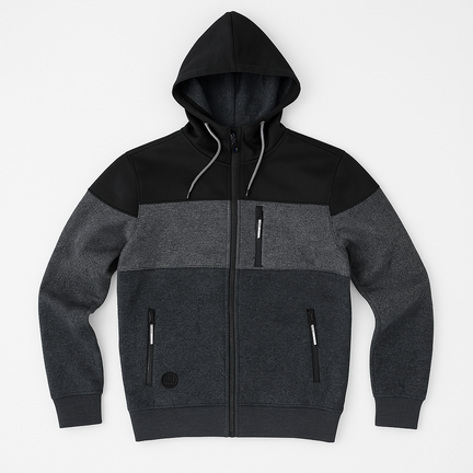 Grå og sort fleecejakke med hætte og lynlåslommer – varm, slidstærk og funktionel