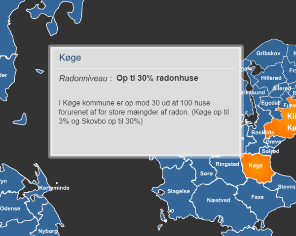 Billedet viser hvor meget radon der er i indeklimaet i boliger i Køge