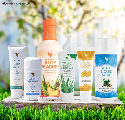 Aloe Vera Gelly, Aloe Propolis Creme, Forever Bright Toothgel, Forever Aloe Peaches og Aloe Lips, samt Aloe Liquid Soap.