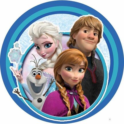 Frozen sukkerprint rundt med Elsa, Anna, Olaf og Kristoff i blå ramme til børnefødselsdag