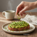 Frisk karse drysses over avocado på ristet brød