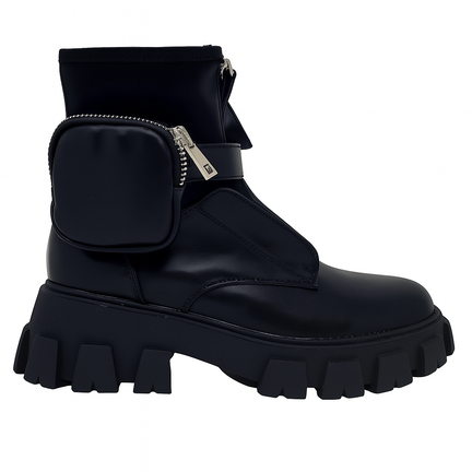 Sort chunky ankelstøvle med lynlås og aftagelig lomme – dame