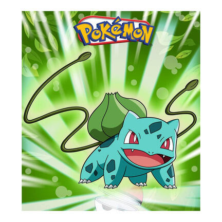 Kvadratisk Pokémon-inspireret kageprint med Bulbasaur på grøn strålebaggrund