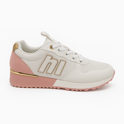 hvid og rosa damesneaker med gulddetalje og sporty sål