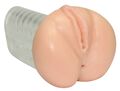 Hudfarvet realistisk vagina- og anusvibrator med stimulerende riller og elastiske lystkanaler i blød TPE-plast, længde 17 cm