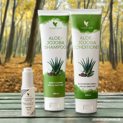 Hårpleje året rundt: Aloe-Jojoba Shampoo, Aloe-Jojoba Condtioner og Nourishing Hair Oil fra Forever Living