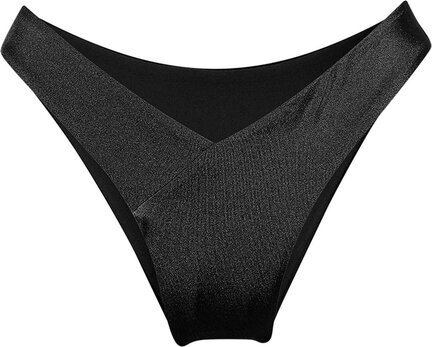 Et par sorte bikini-underbukser til kvinder med en V-formet linning, vist på en hvid baggrund.